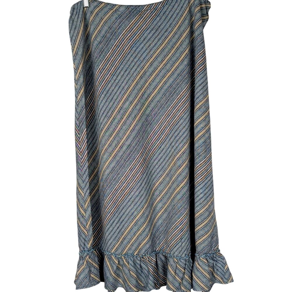 Jh Collectibles Blue linen skirt Pullon tie Waist to 36"Bias,ruffle,Stripe,EUC